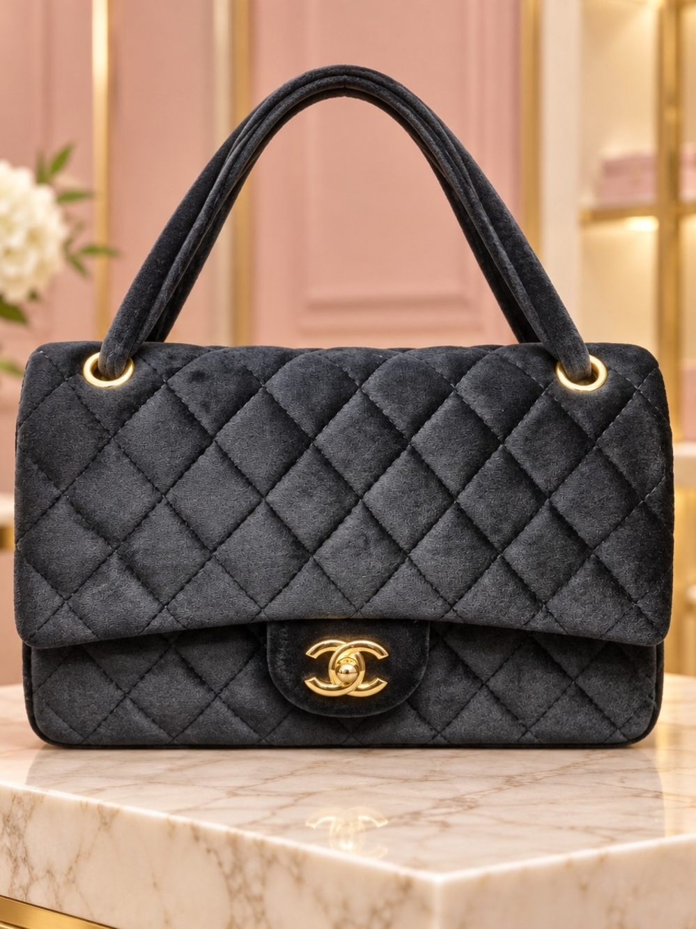 Black Quilted Velvet Shoulder Bag with Gold Hardware